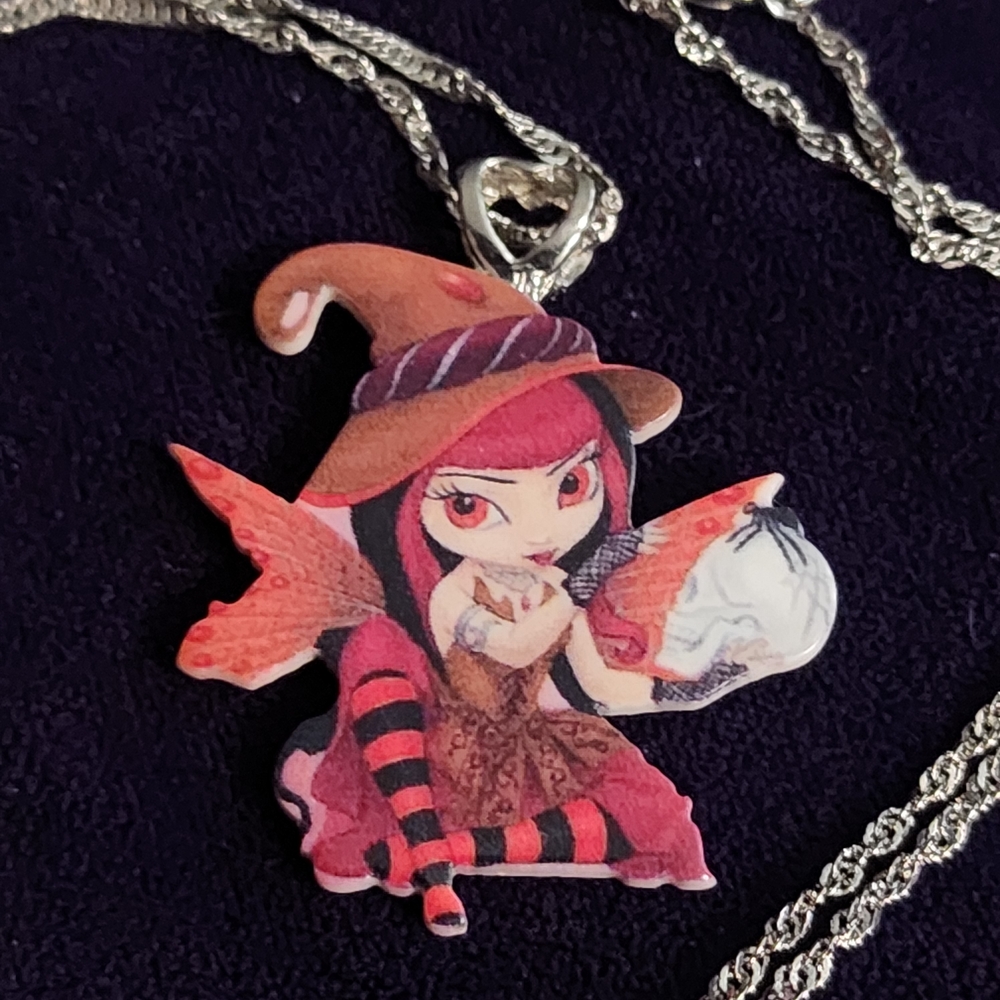 Brand New, Adorable, Acrylic, Red and Black, Goth Witch Fairy, Pendant Necklace - Picture 5 of 7